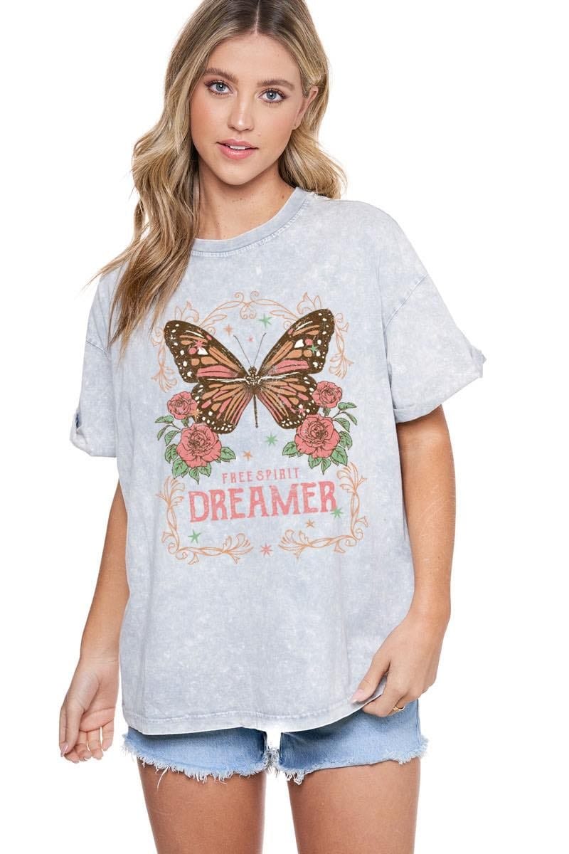 Butterfly Dreamer Vintage Graphic Tee in Grey Denim