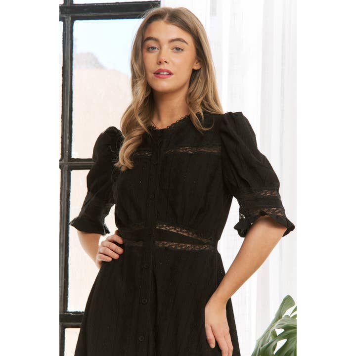 Button Down Maxi Shirt Dress with Lace Trim in Black Button Down Maxi Shirt Dress with Lace Trim in Black
