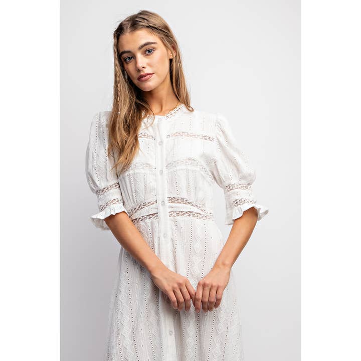 Button Down Maxi Shirt Dress with Lace Trim in White Button Down Maxi Shirt Dress with Lace Trim in White