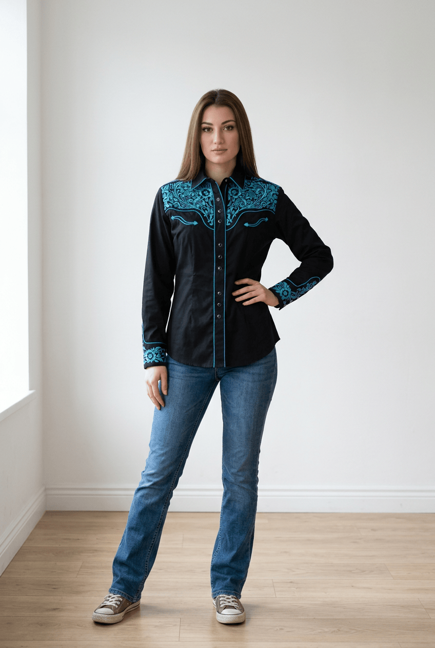 Women's Vintage Black & Turquoise Tooling Embroidered Western Shirt