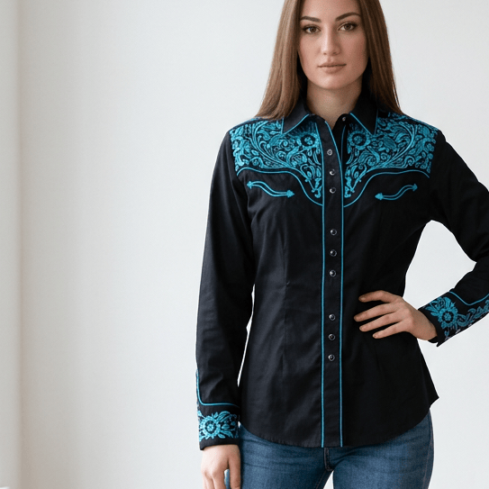 Women's Vintage Black & Turquoise Tooling Embroidered Western Shirt