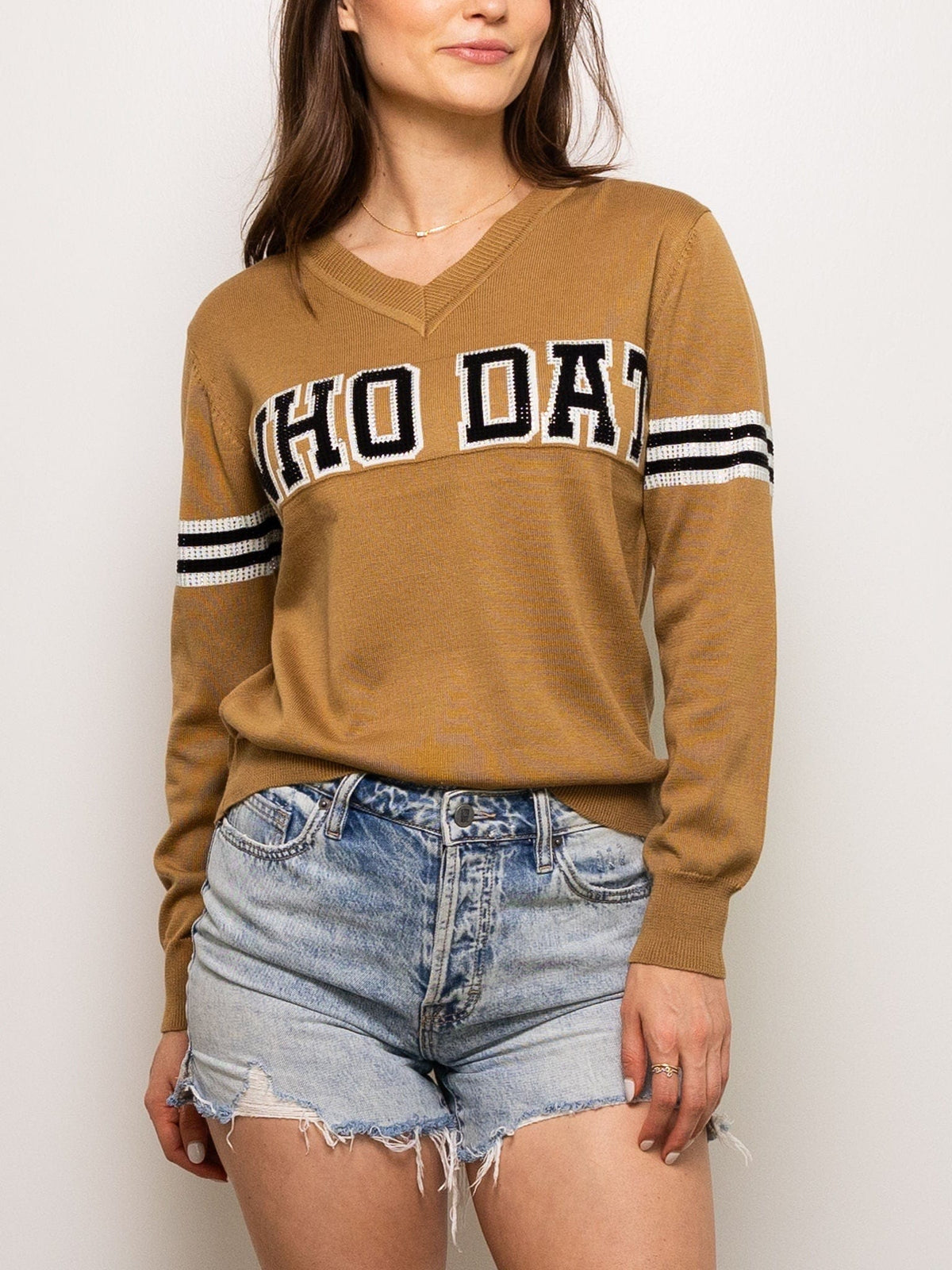 Sparkle City Women’s Who Dat Camel Vintage Sweater