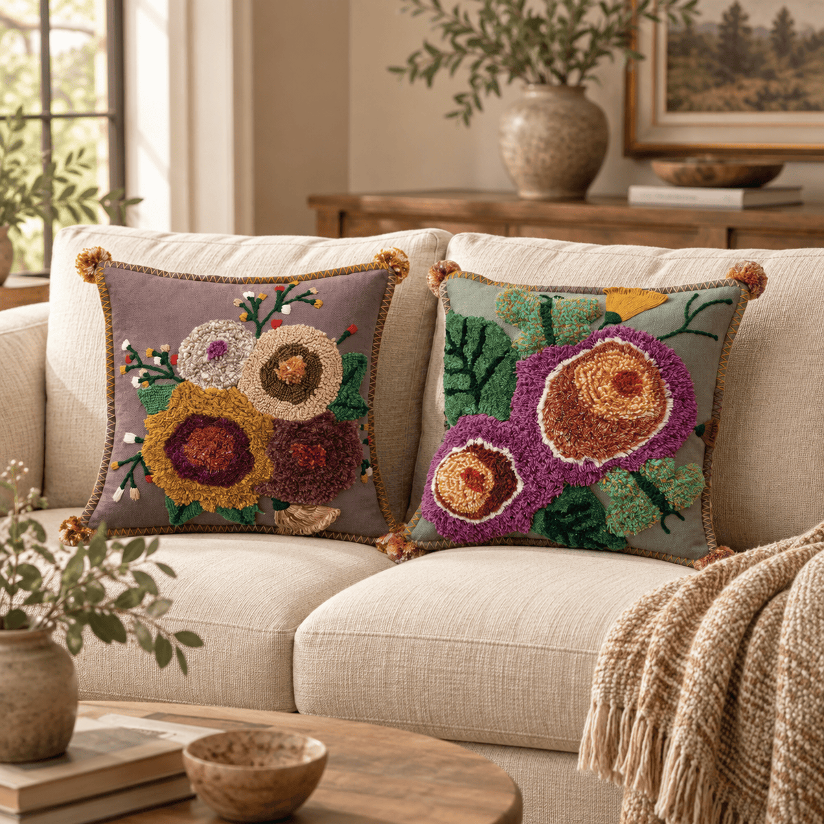 18" Square Cotton Tufted Floral Pillow with Pom Poms, 2 Available Styles