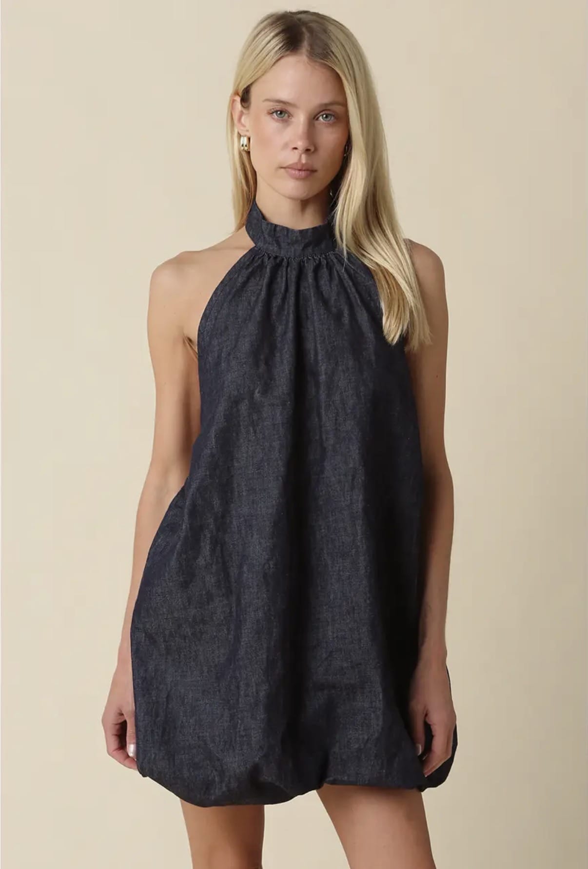 Carol Open Back Bubble Hem Denim Mini Dress | Olivaceous