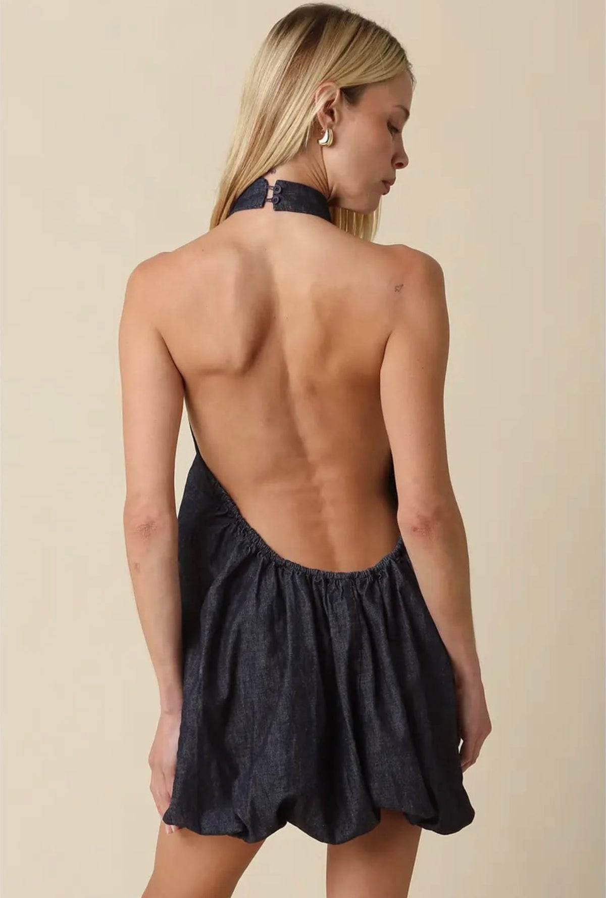 Carol Open Back Bubble Hem Denim Mini Dress