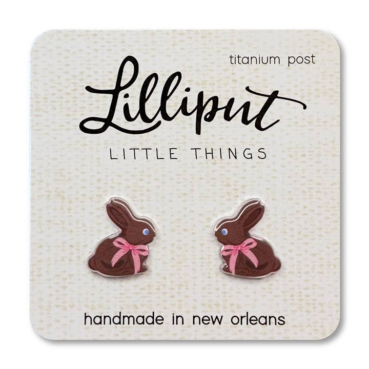 Chocolate Easter Bunny Earrings with Pink Neck Ribbon
