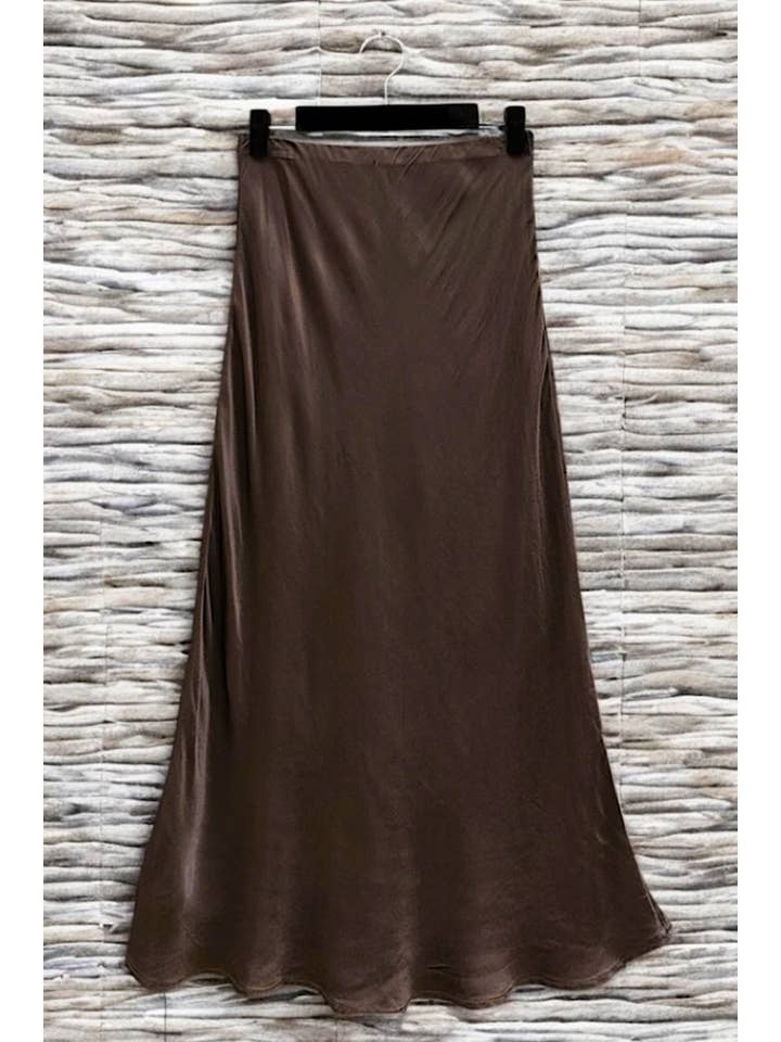 Chocolate Italian Viscose Satin Bias Cut Midi Skirt