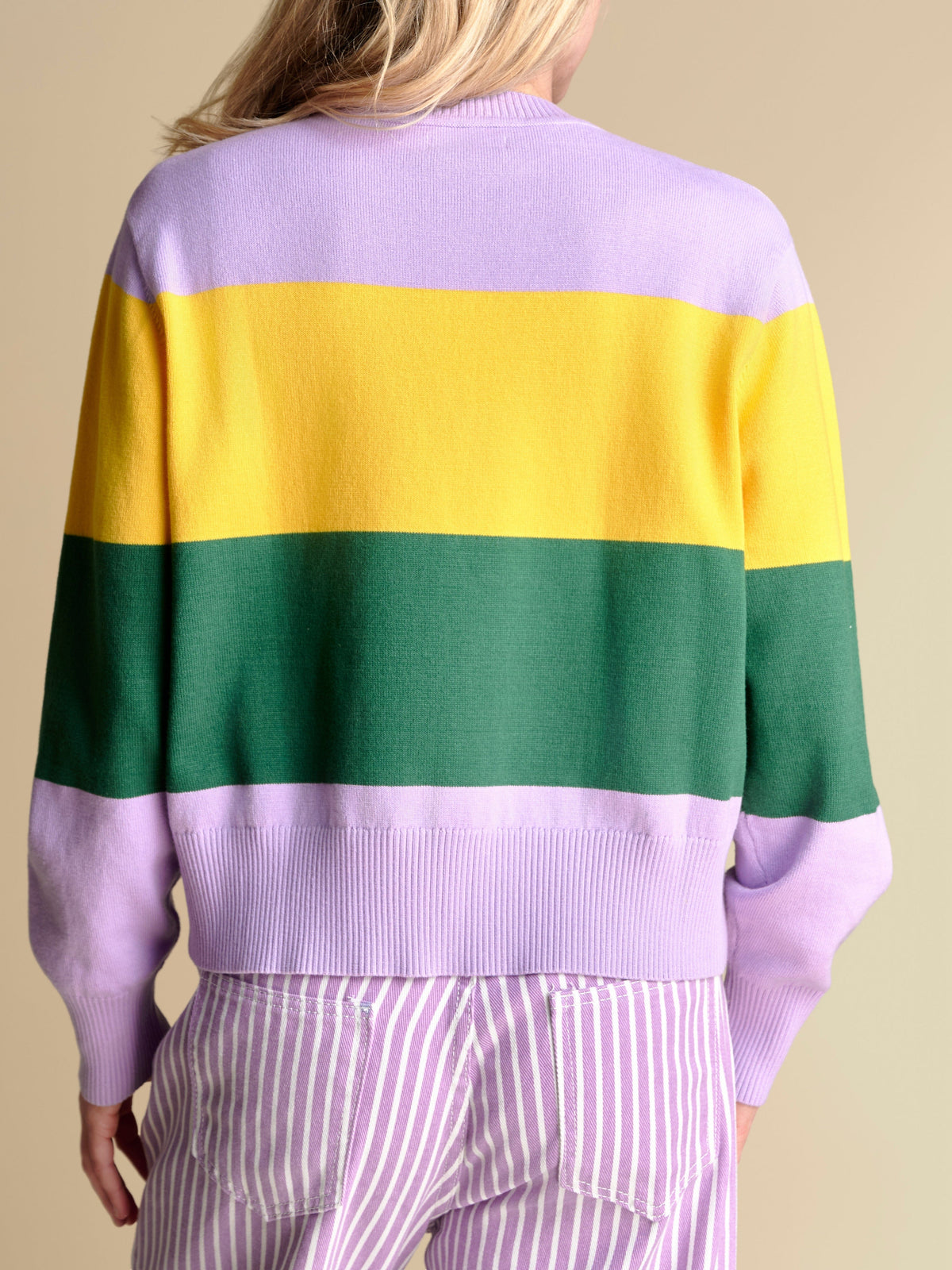 purple green and gold colorblock sweater