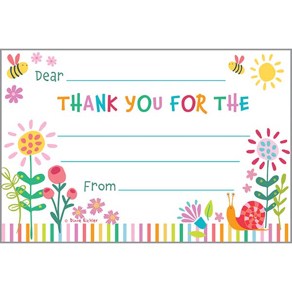 Colorful children's thank you card with floral and animal designs