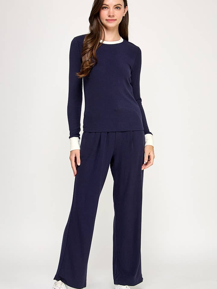 Contrast Trim Lounge Set in Navy/Cream