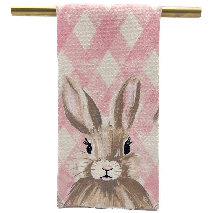 Coral Plaid Bunnies Tea Towel