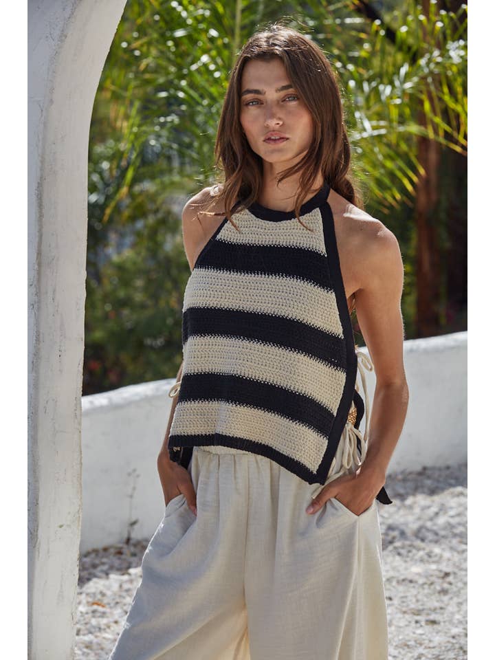 Cotton Crochet Knit Striped Halter Top