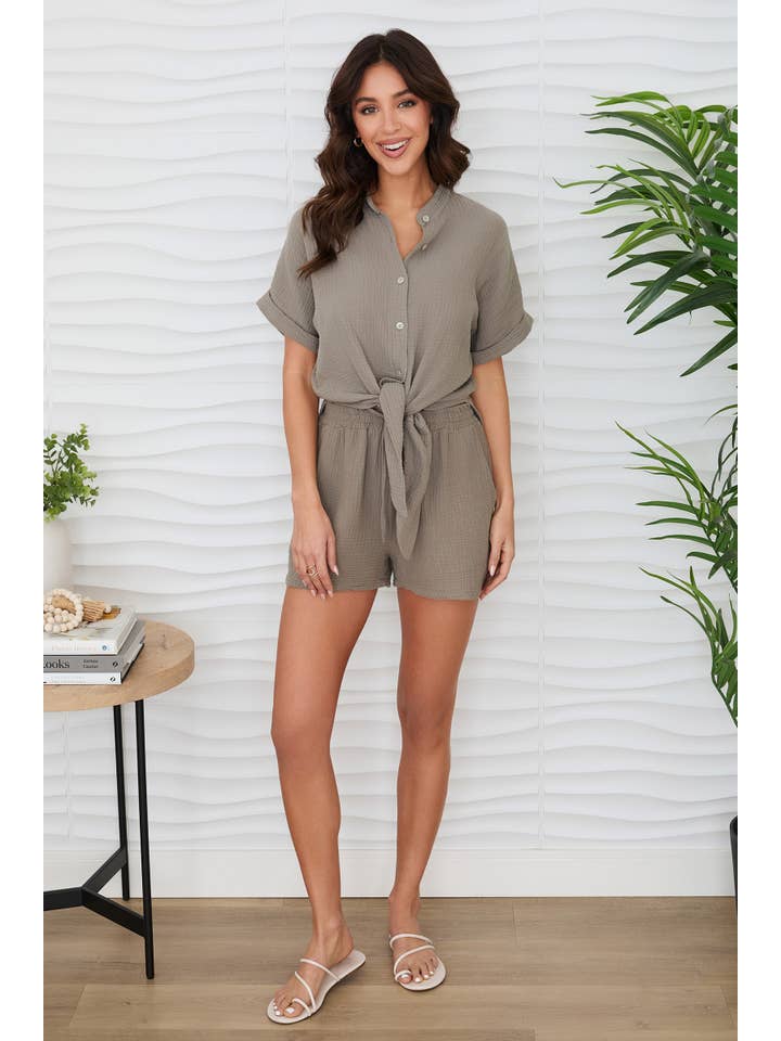Cotton Gauze Drawstring Shorts in Mocha