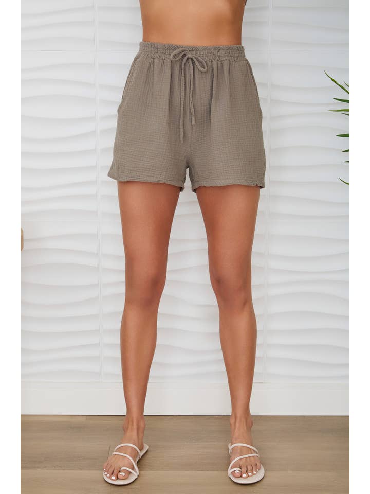 Cotton Gauze Drawstring Shorts in Mocha