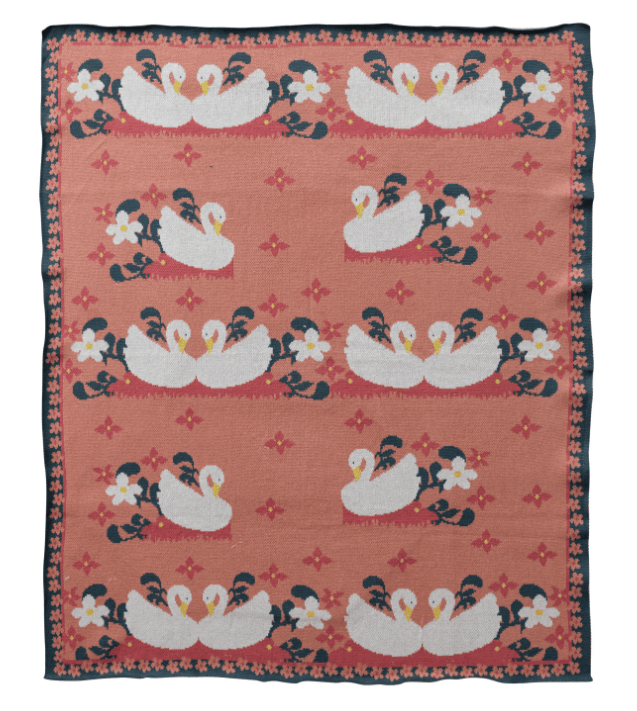 Cotton Knit Baby Blanket with Swans & Flowers