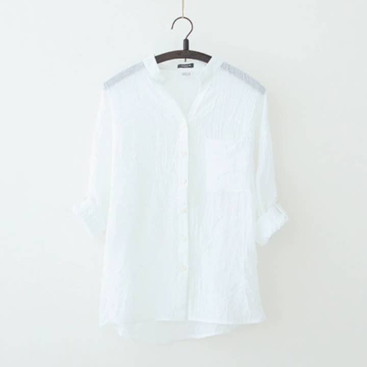 Cotton Linen Button Down Roll Sleeve Blouse in White