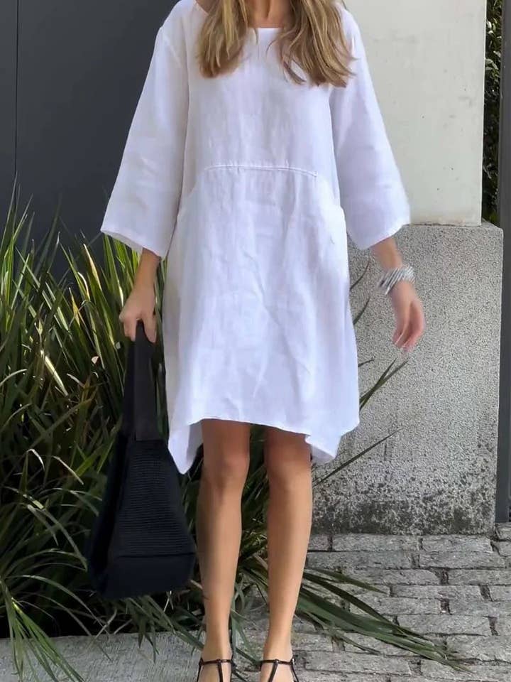 Cotton Linen Knee Length Dress with Pockets in White White / S