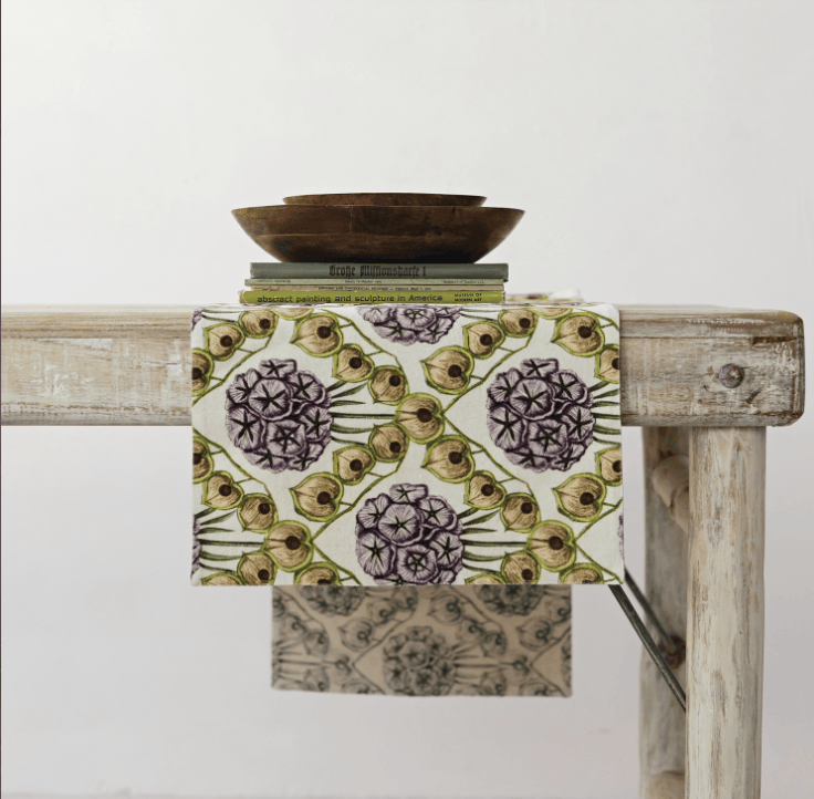 Cotton & Linen Printed Two-Sided Table Runner with Botanical Pattern