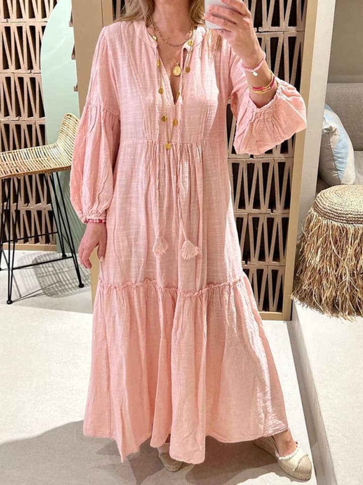 Cotton Linen Tiered Maxi Dress Pink / M