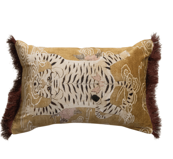 Cotton Velvet Printed Lumbar Pillow with Tibetan Tiger & Fringe