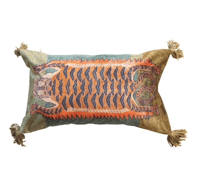 Cotton Velvet Printed Lumbar Pillow with Tibetan Tiger & Tassels