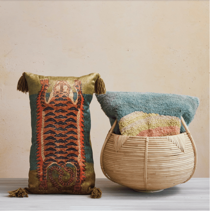 Cotton Velvet Printed Lumbar Pillow with Tibetan Tiger & Tassels