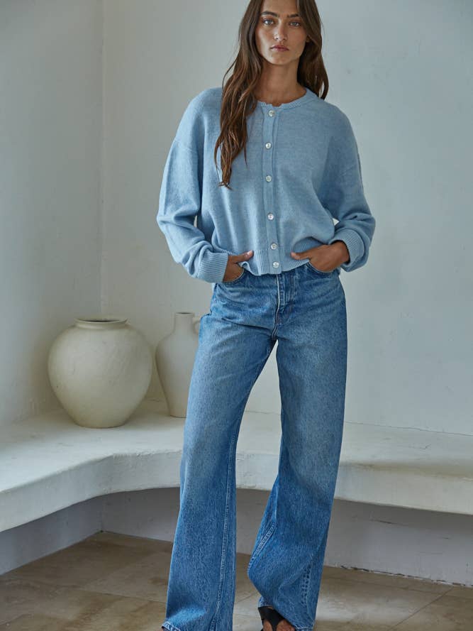 Crew Neck Cardigan Sweater in Baby Blue