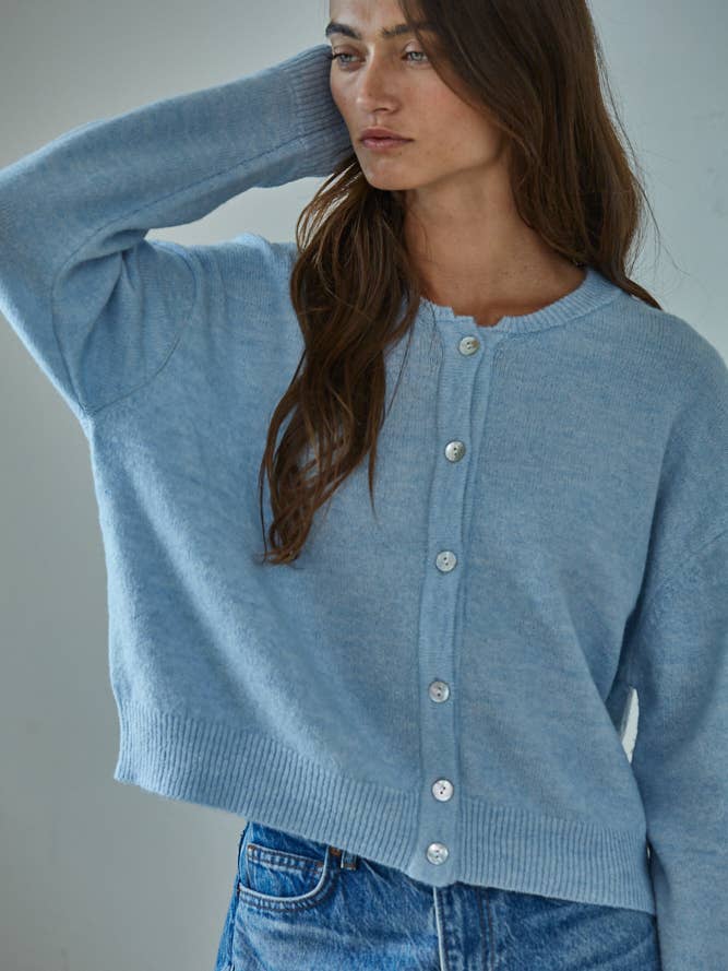 Crew Neck Cardigan Sweater in Baby Blue