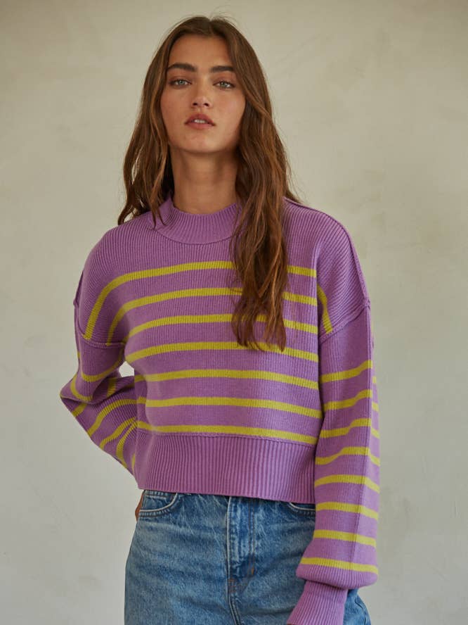 Cropped Knit Striped Sweater in Lavender