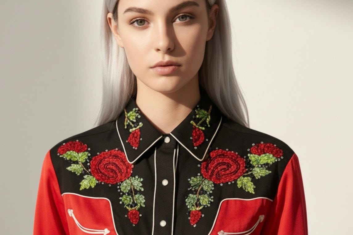 Women's Vintage 2-Tone Red Roses Embroidered Western Shirt