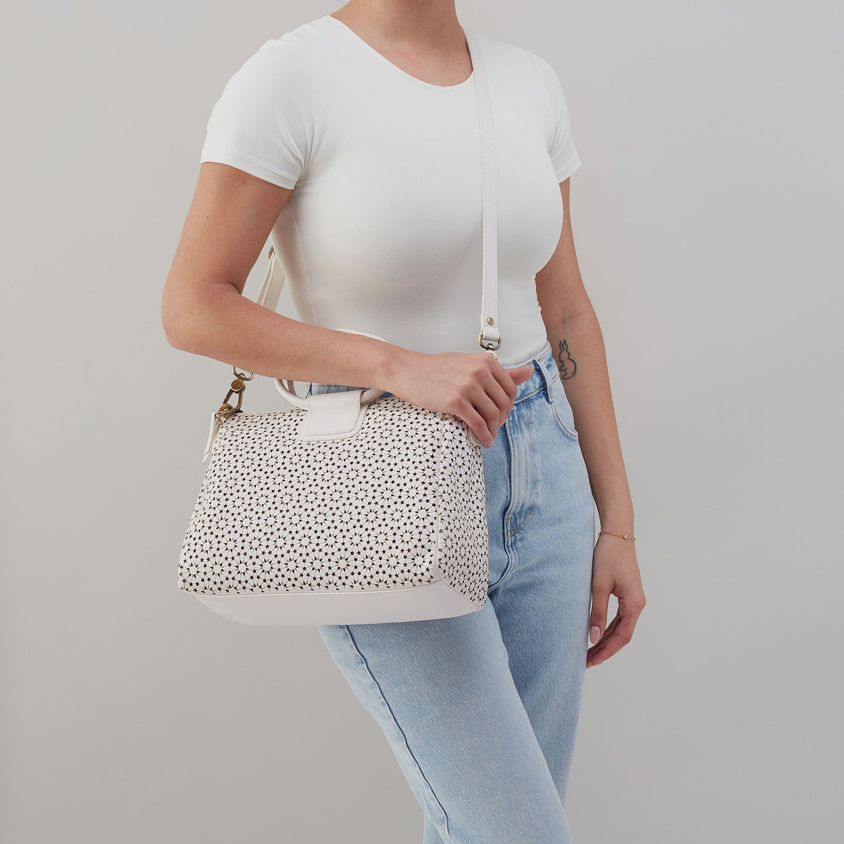 Hobo Sheila Medium Satchel in Perforated Leather in Ecru Daisy Perf
