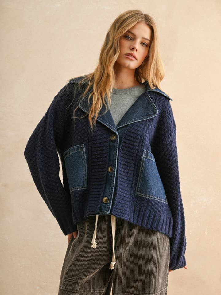 denim and knit blue cargo jacket for women