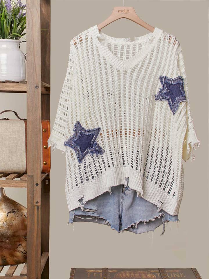 Distressed Star Knit Pullover