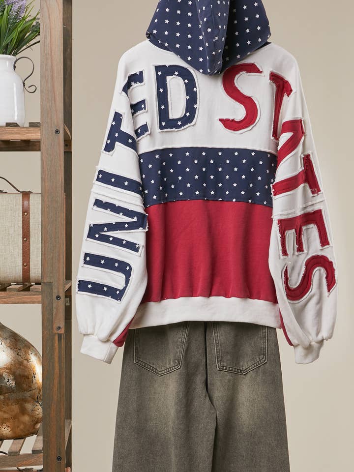 Distressed United States Patchwork Oversized Hoodie