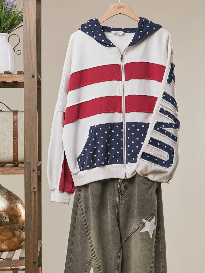 Distressed United States Patchwork Oversized Hoodie