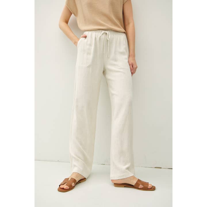 Drawstring Wide Leg Linen Pants in Natural