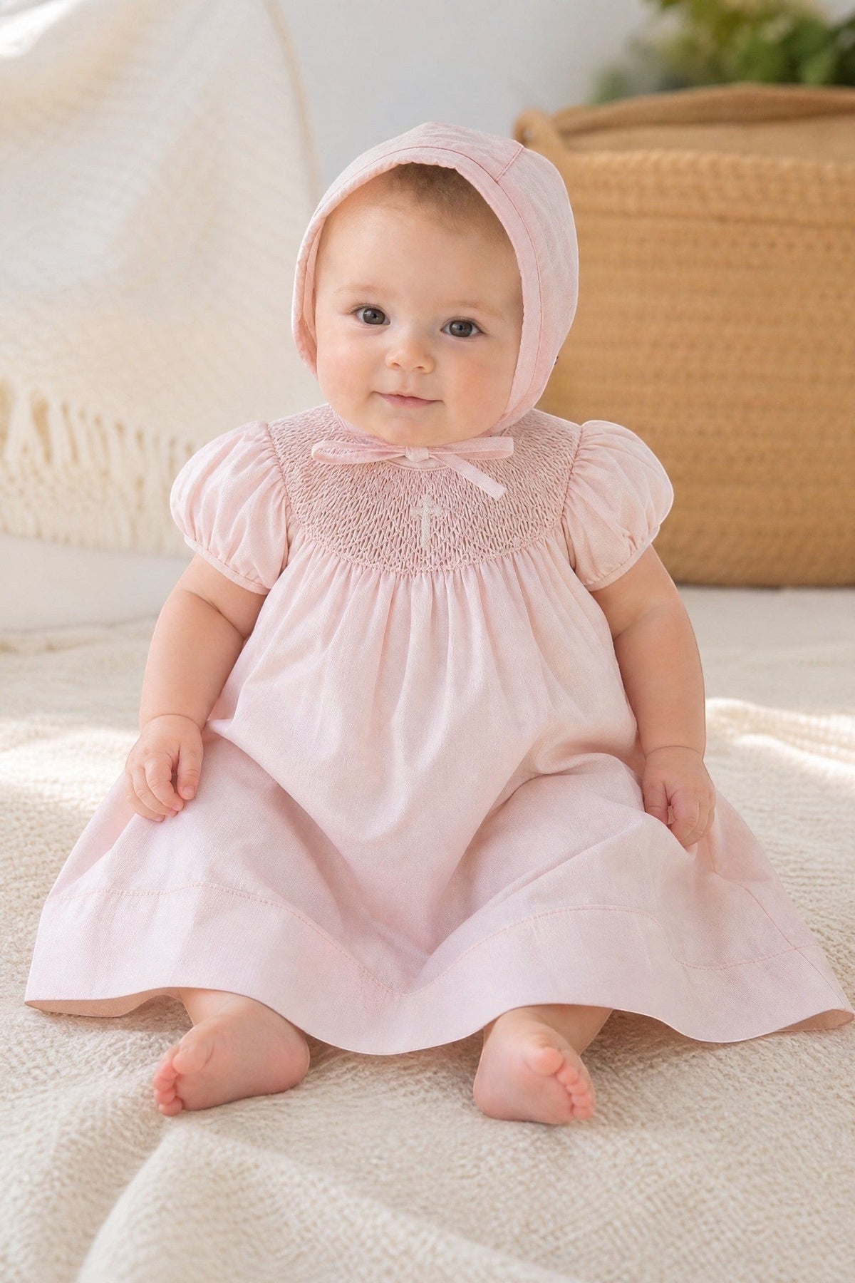 Baby Girl Hand Smocked with Pearl Cross Pink Christening Bishop Dress with Bonnet – Carriage Boutique
