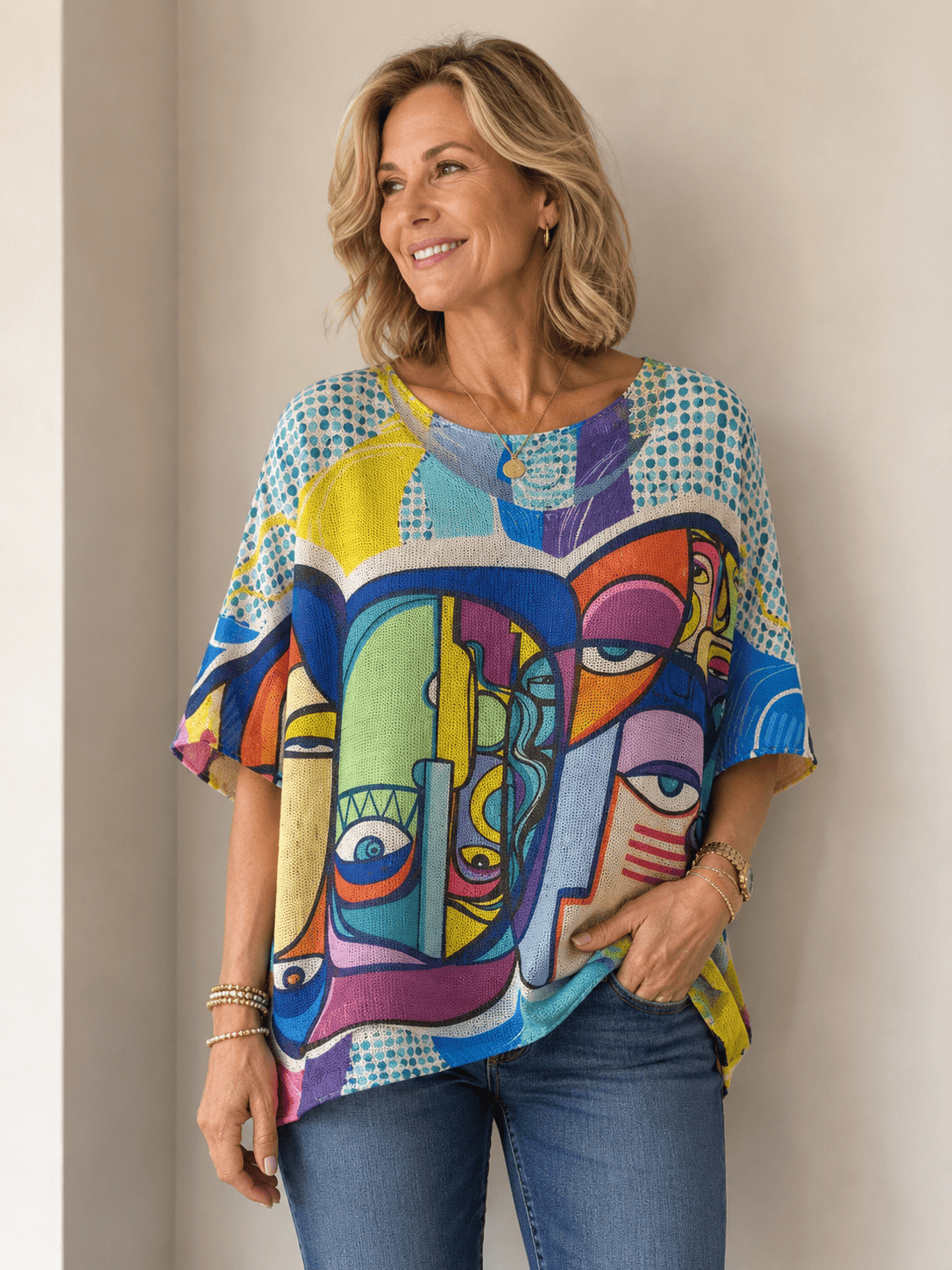 Italian Cubist Eyes Blue & Yellow Knit Sweater