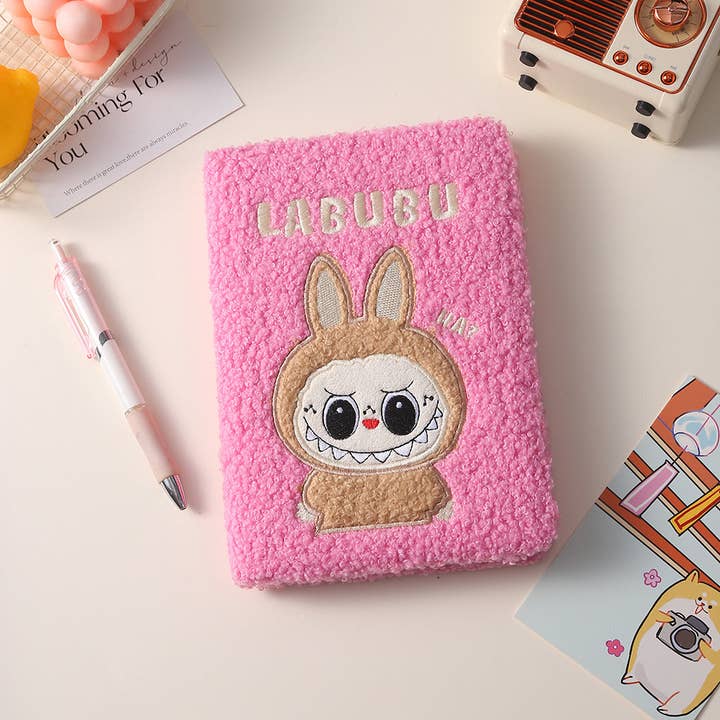 Embroidered Labubu Cartoon Teddy Hot Pink Fleece Plush Notebook