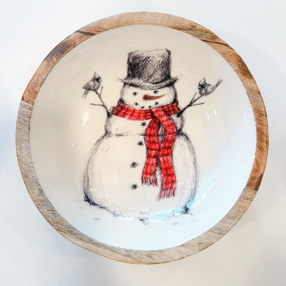 Enameled Mango Wood Bowl with Snowman & Bird Image