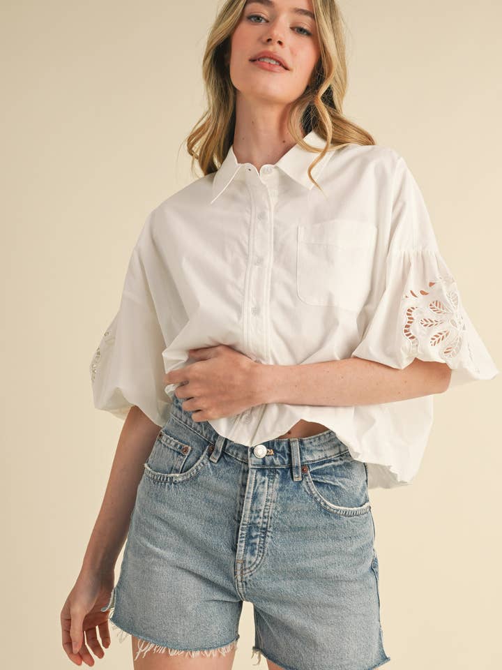 Eyelet Embroidered Puffy Sleeve Button Dow Top in White