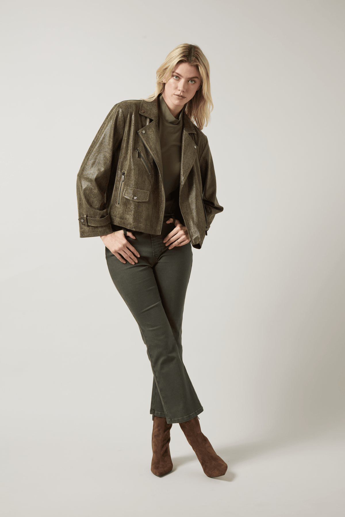 Emory Vegan Suede Moto Jacket in Woodland Snake