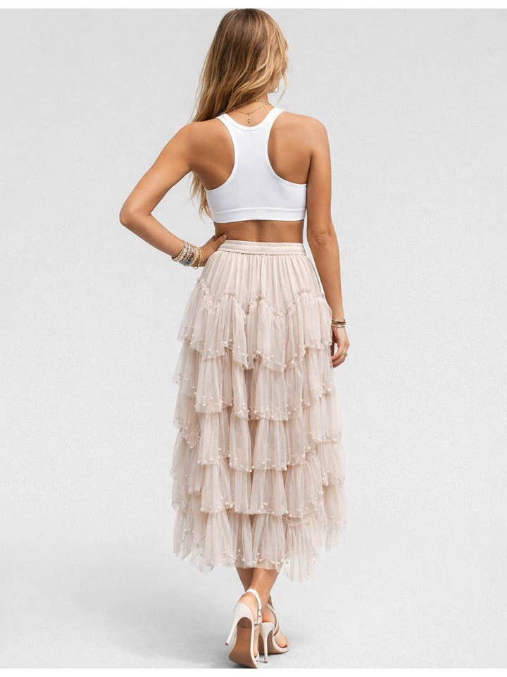 Faux Pearl Studded Tiered Ruffle Maxi Skirt in Beige