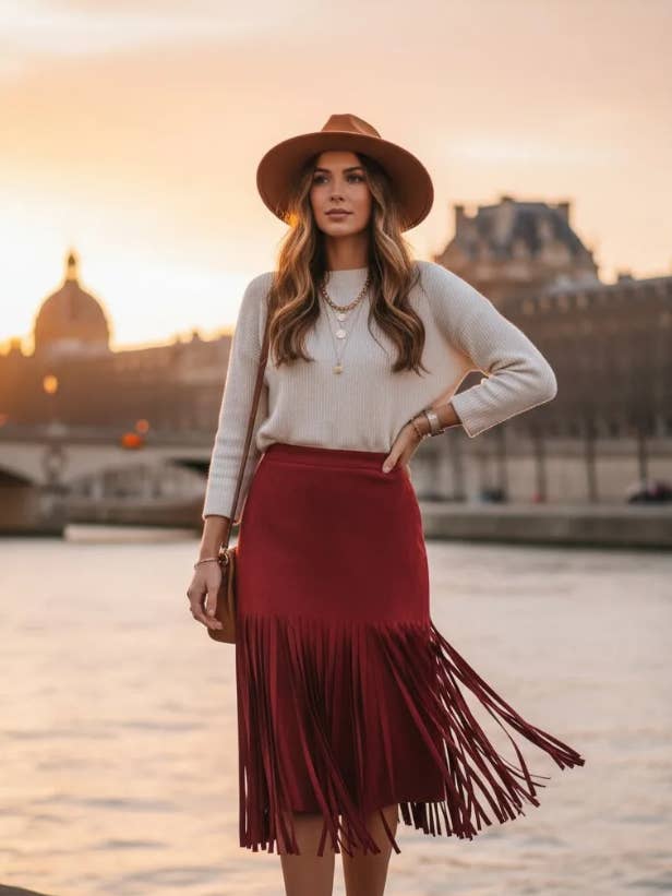 womens fringe midi skirt in burgundy red
