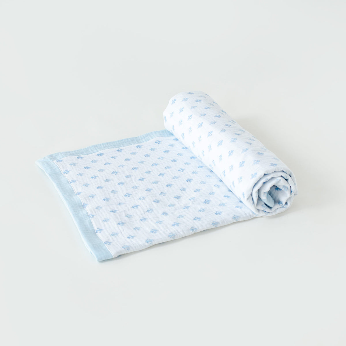 Fleur De Bleu Organic Muslin Baby Quilt with Blue Trim