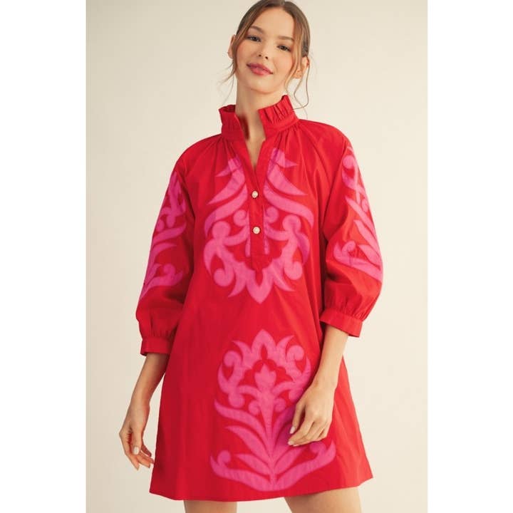 Floral Applique Balloon Sleeve Dress in Red