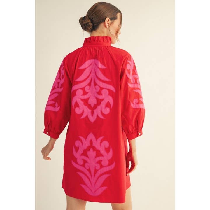 Floral Applique Balloon Sleeve Dress in Red