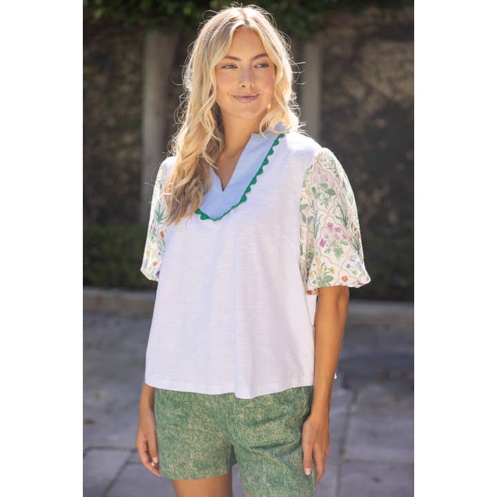 Floral Bubble Sleeve Ricrac Trim Top