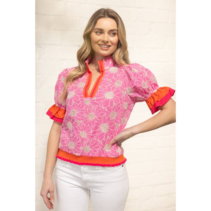 Floral Embroidered Blouse with Ruffle Trim