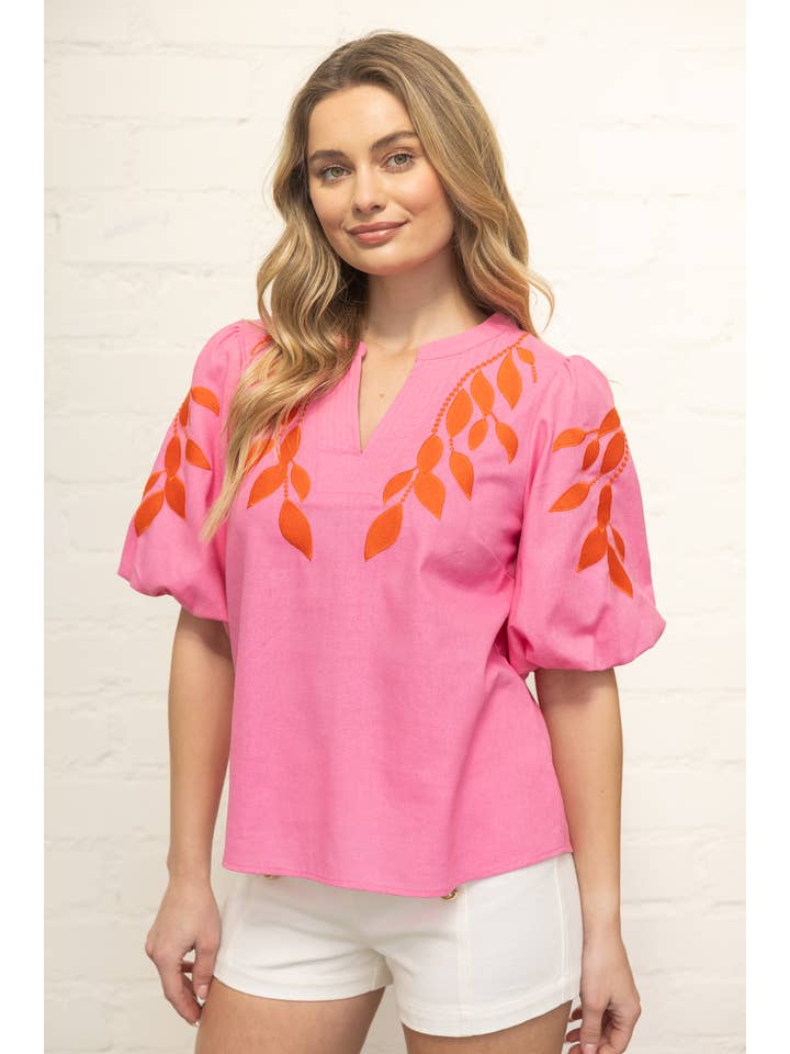 Floral Embroidered Bubble Sleeve V-Neck Top